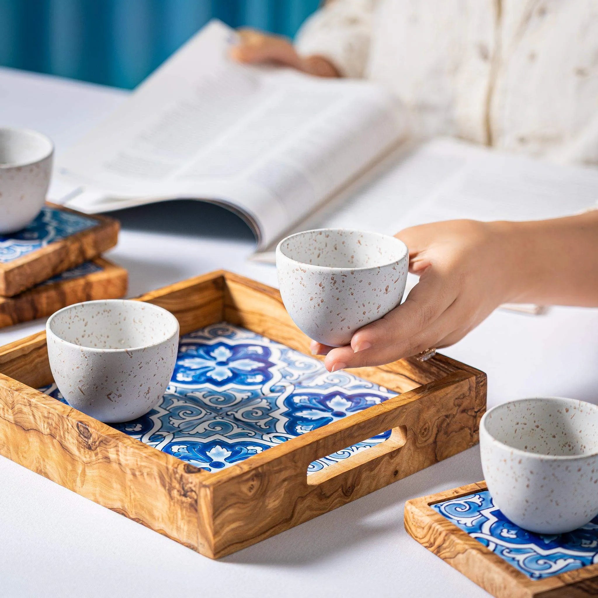 9-Piece Olive Wood and Stoneware Serving Set – Elegant Coasters, Cups, and Tray