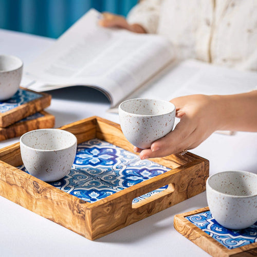 9-Piece Olive Wood and Stoneware Serving Set – Elegant Coasters, Cups, and Tray