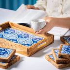 Olive Wood & Ceramic Tray with Matching Coasters – Handcrafted Mediterranean Set