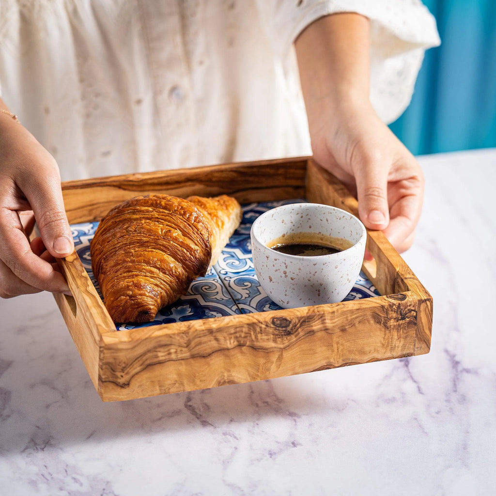 Olive Wood & Ceramic Tray – Handcrafted Serving Tray with Mediterranean Design