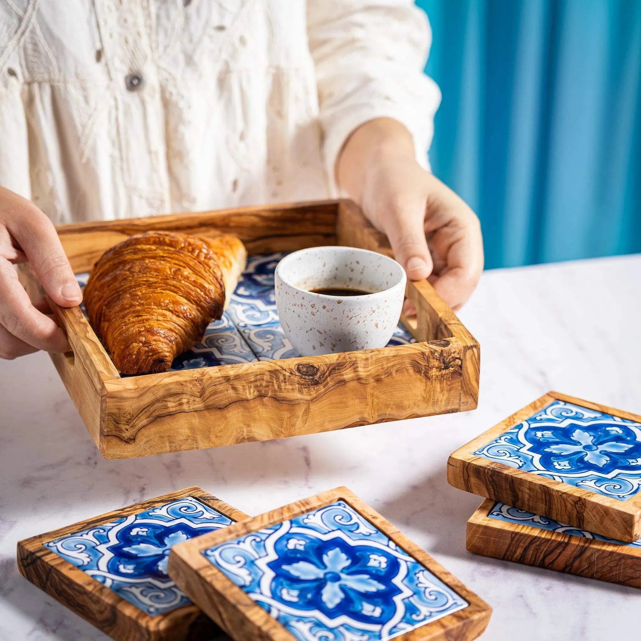 Olive Wood & Ceramic Tray with Matching Coasters – Handcrafted Mediterranean Set