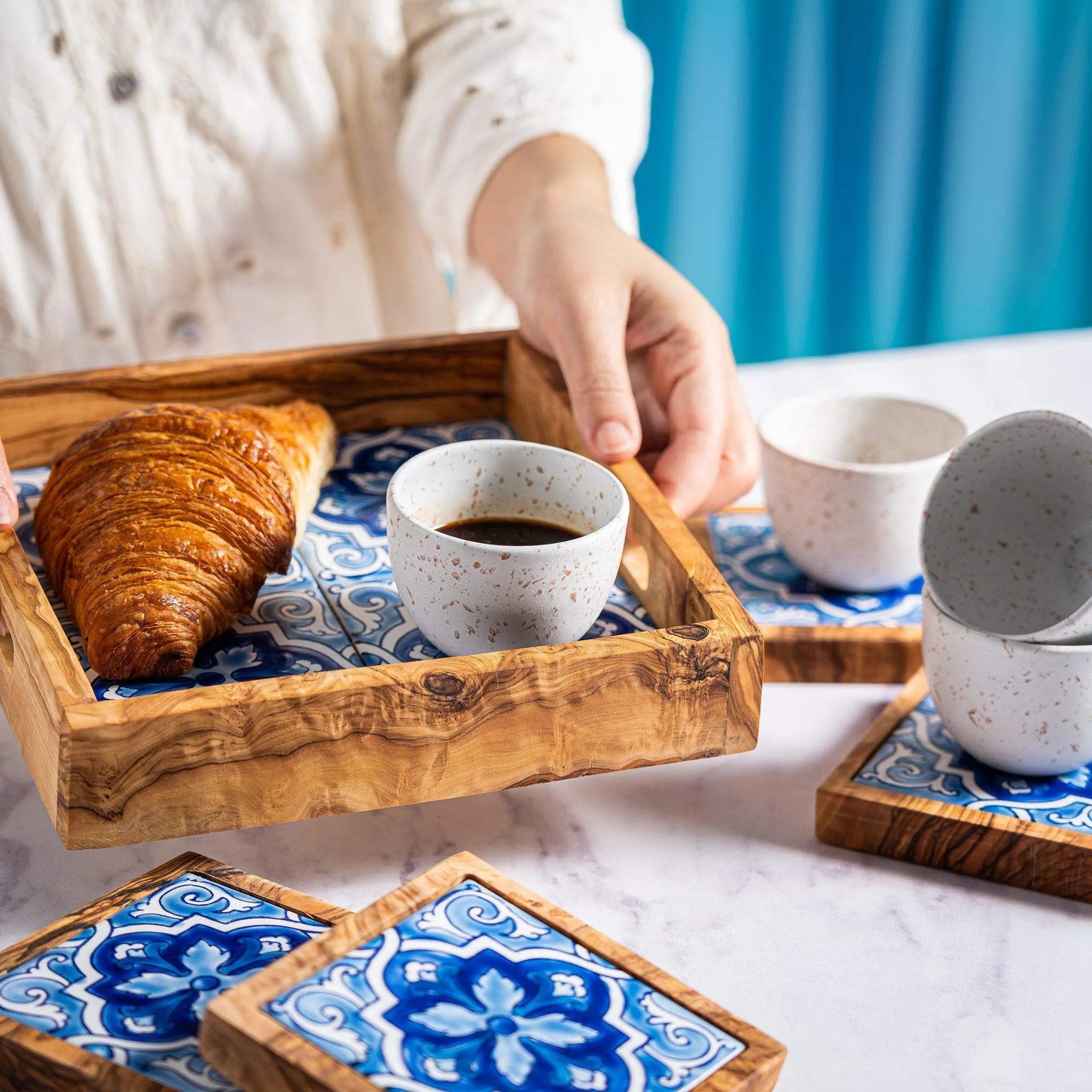 9-Piece Olive Wood and Stoneware Serving Set – Elegant Coasters, Cups, and Tray