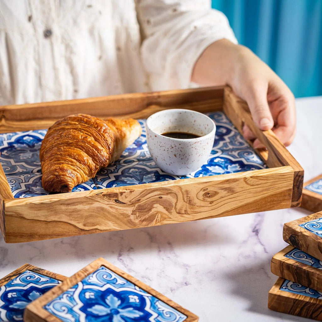 Olive Wood & Ceramic Tray with Matching Coasters – Handcrafted Mediterranean Set