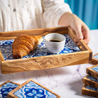 Olive Wood & Ceramic Tray with Matching Coasters – Handcrafted Mediterranean Set