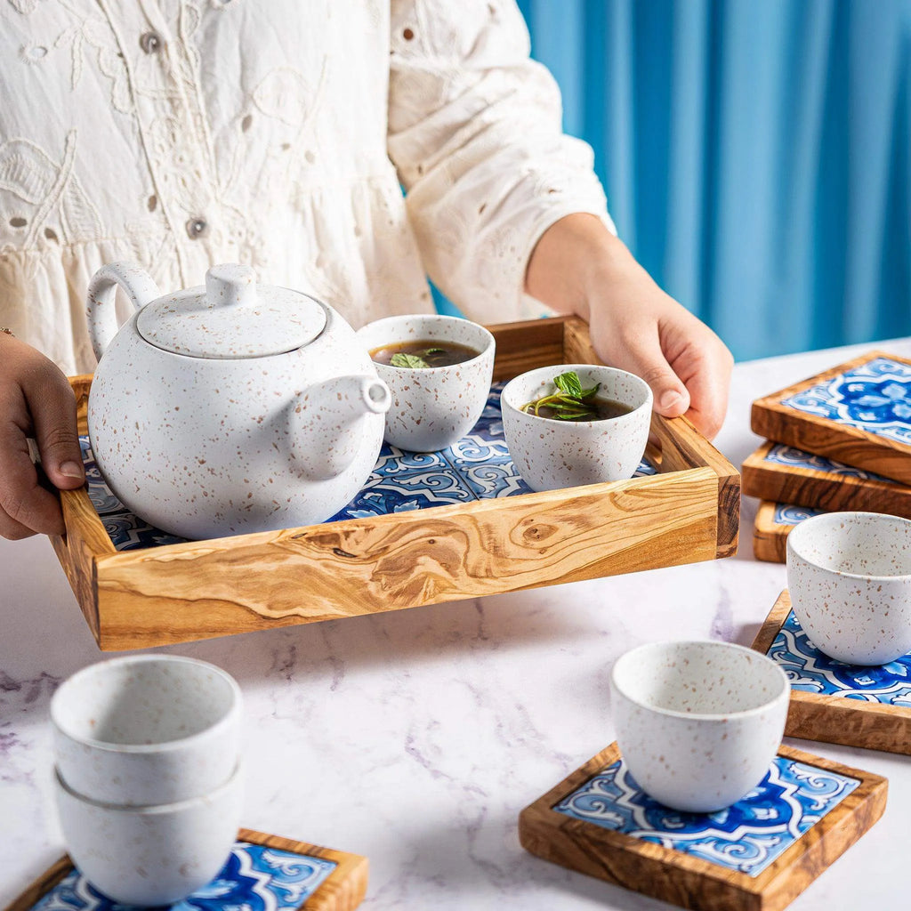 14-Piece Ceramic & Olive Wood Set