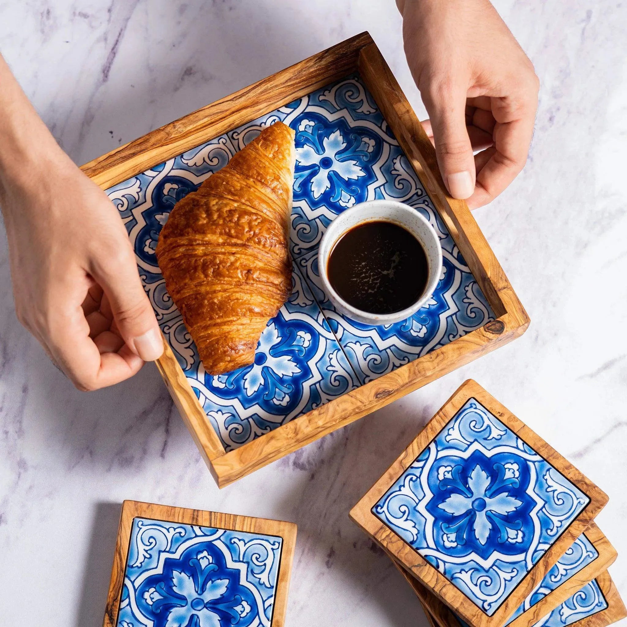 Olive Wood & Ceramic Tray with Matching Coasters – Handcrafted Mediterranean Set