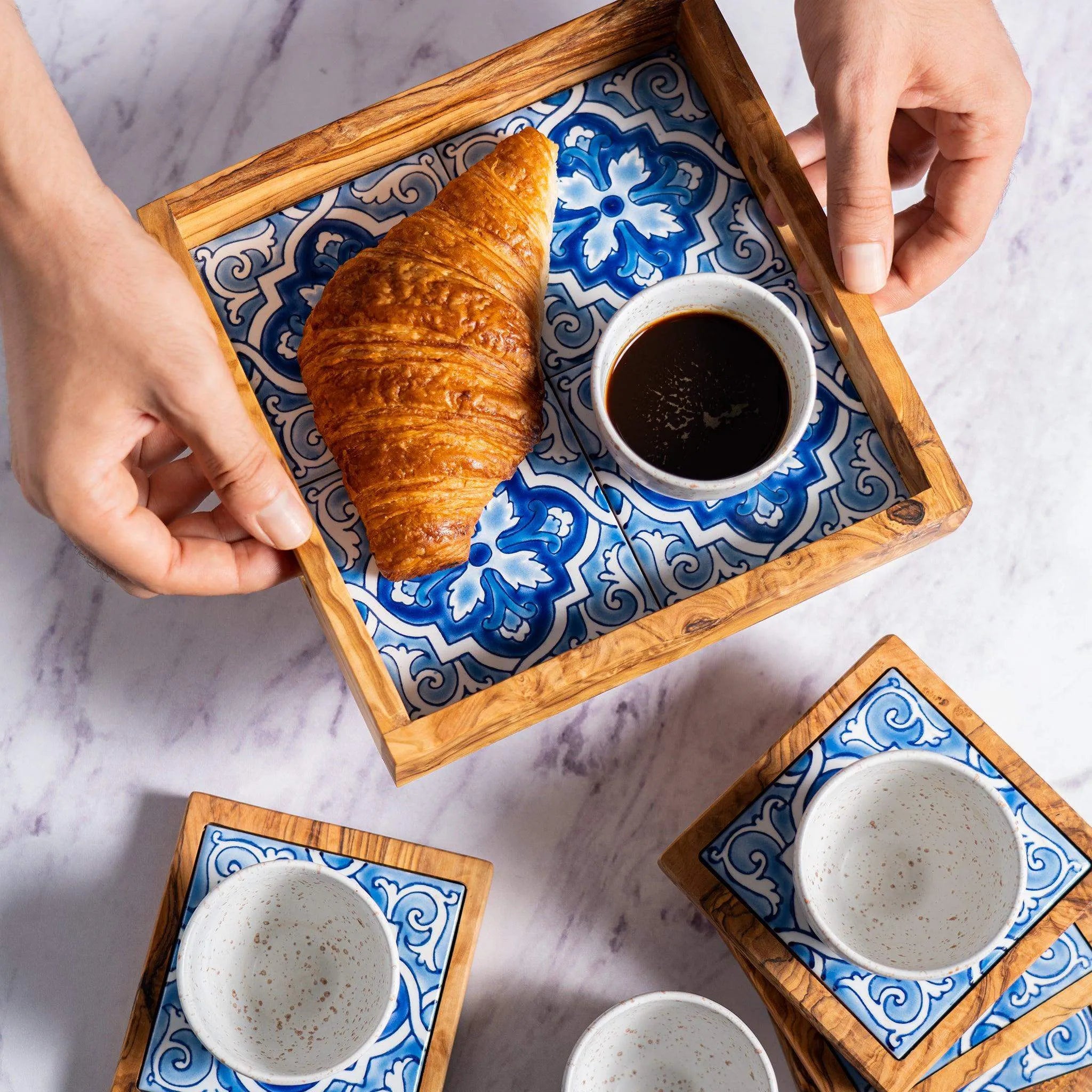 9-Piece Olive Wood and Stoneware Serving Set – Elegant Coasters, Cups, and Tray