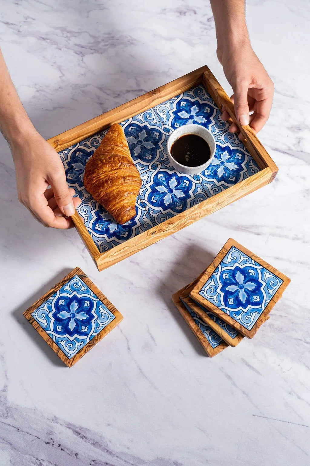 Olive Wood & Ceramic Tray with Matching Coasters – Handcrafted Mediterranean Set