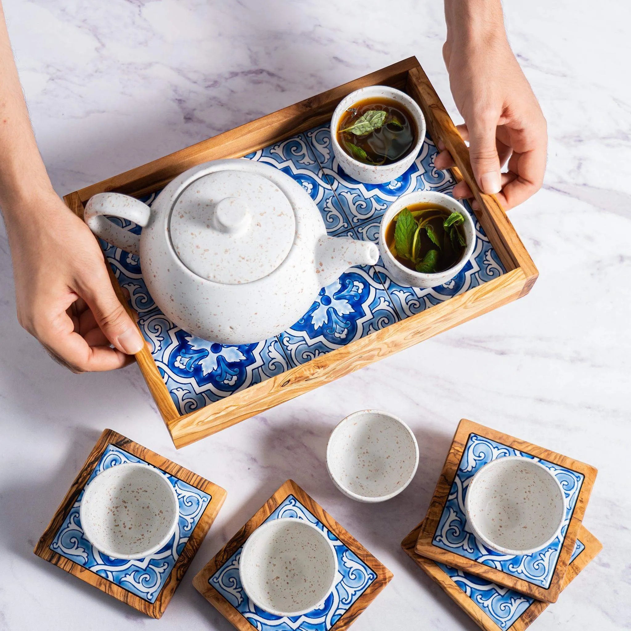 14-Piece Ceramic & Olive Wood Set