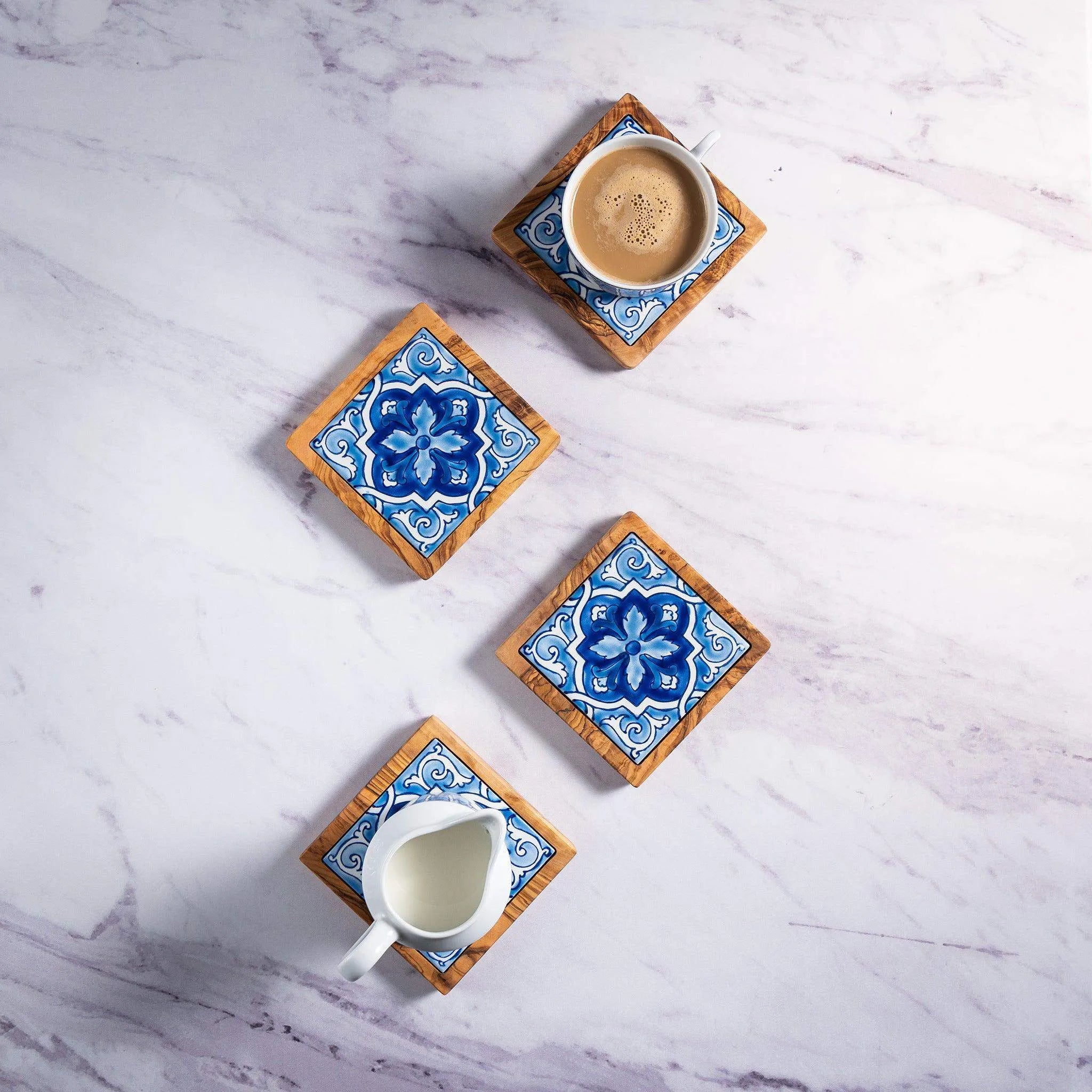 9-Piece Olive Wood and Stoneware Serving Set – Elegant Coasters, Cups, and Tray