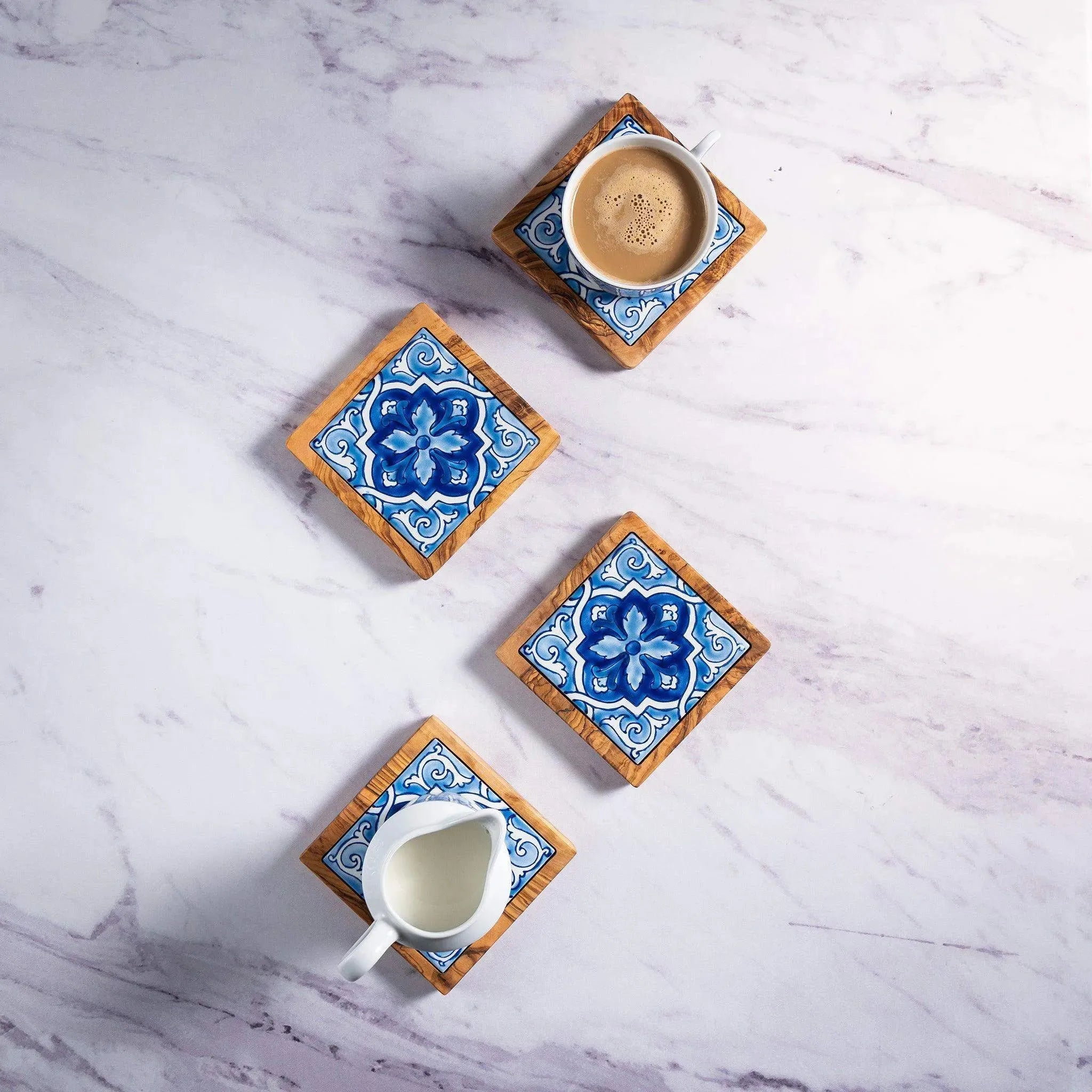 Olive Wood & Ceramic Tray with Matching Coasters – Handcrafted Mediterranean Set