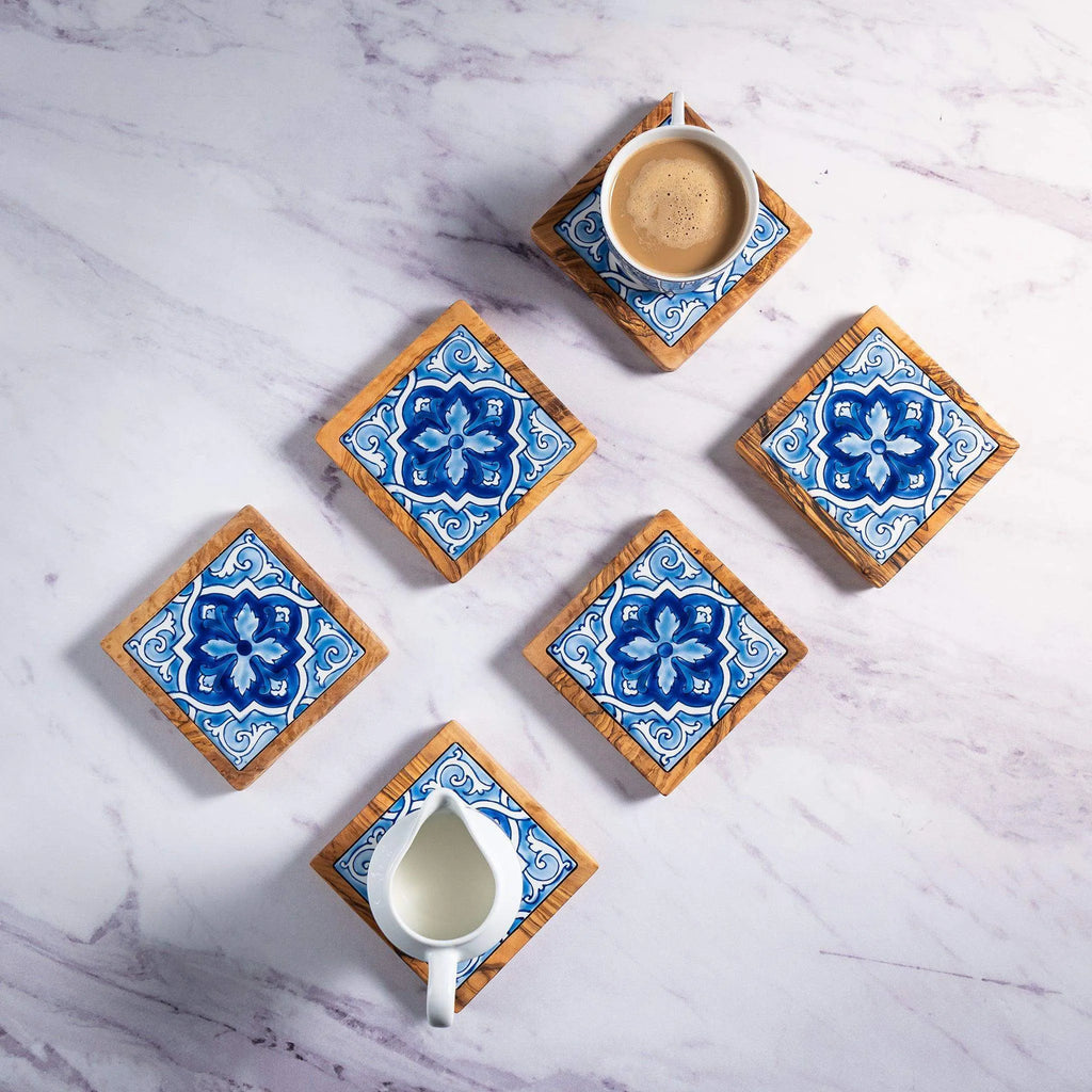 Set of Olive Wood & Ceramic Coasters – Handcrafted Mediterranean Design