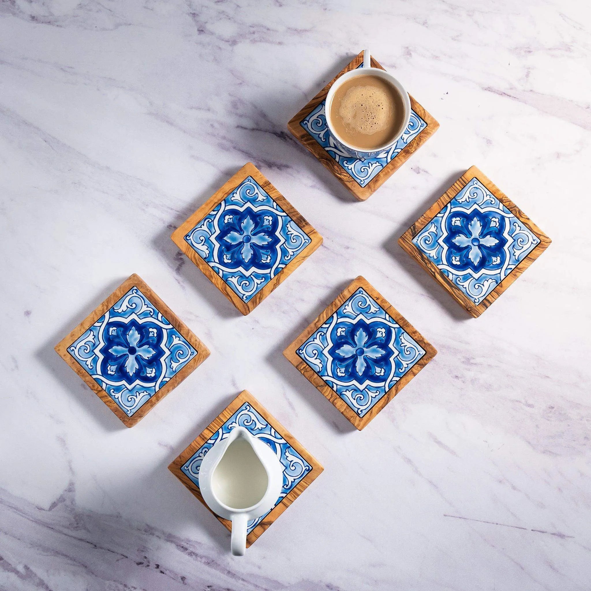 Set of Olive Wood & Ceramic Coasters – Handcrafted Mediterranean Design