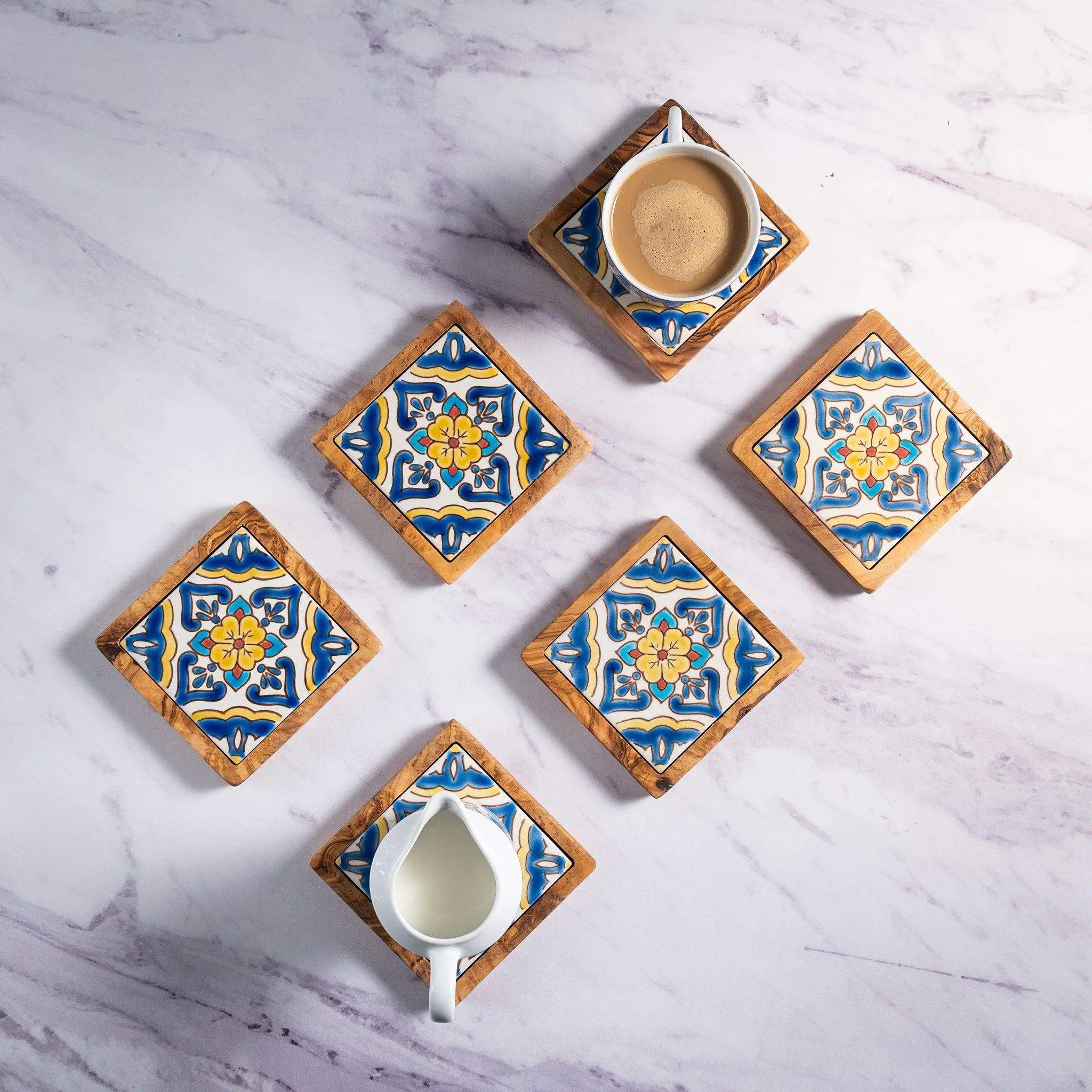 Set of Olive Wood & Ceramic Coasters – Handcrafted Mediterranean Design