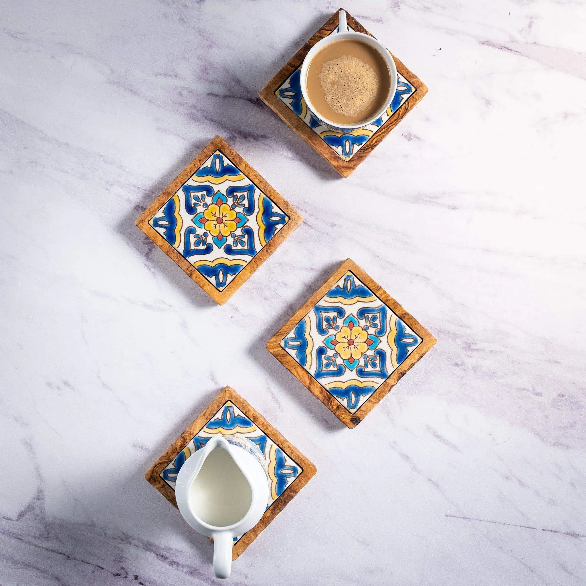 Set of Olive Wood & Ceramic Coasters – Handcrafted Mediterranean Design