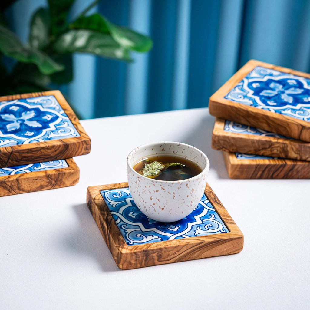 Set of Olive Wood & Ceramic Coasters – Handcrafted Mediterranean Design