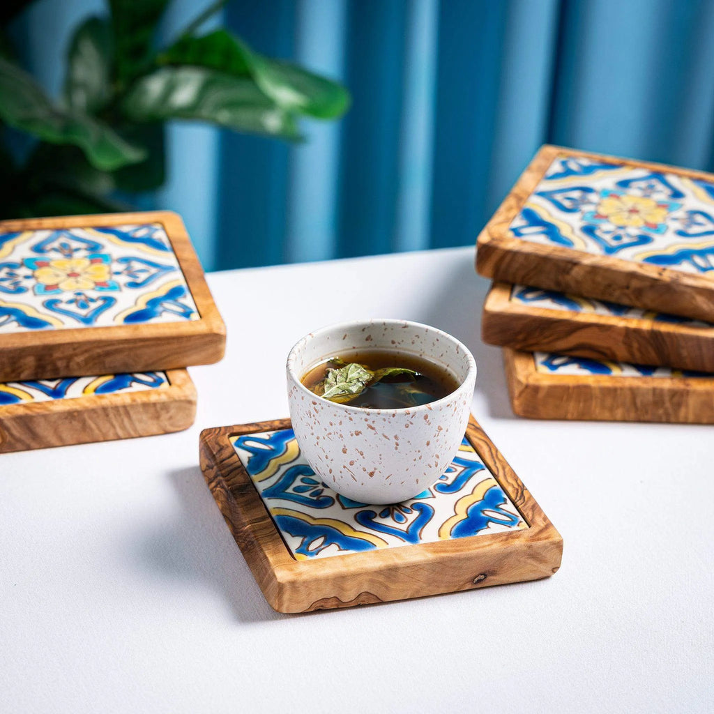 Set of Olive Wood & Ceramic Coasters – Handcrafted Mediterranean Design