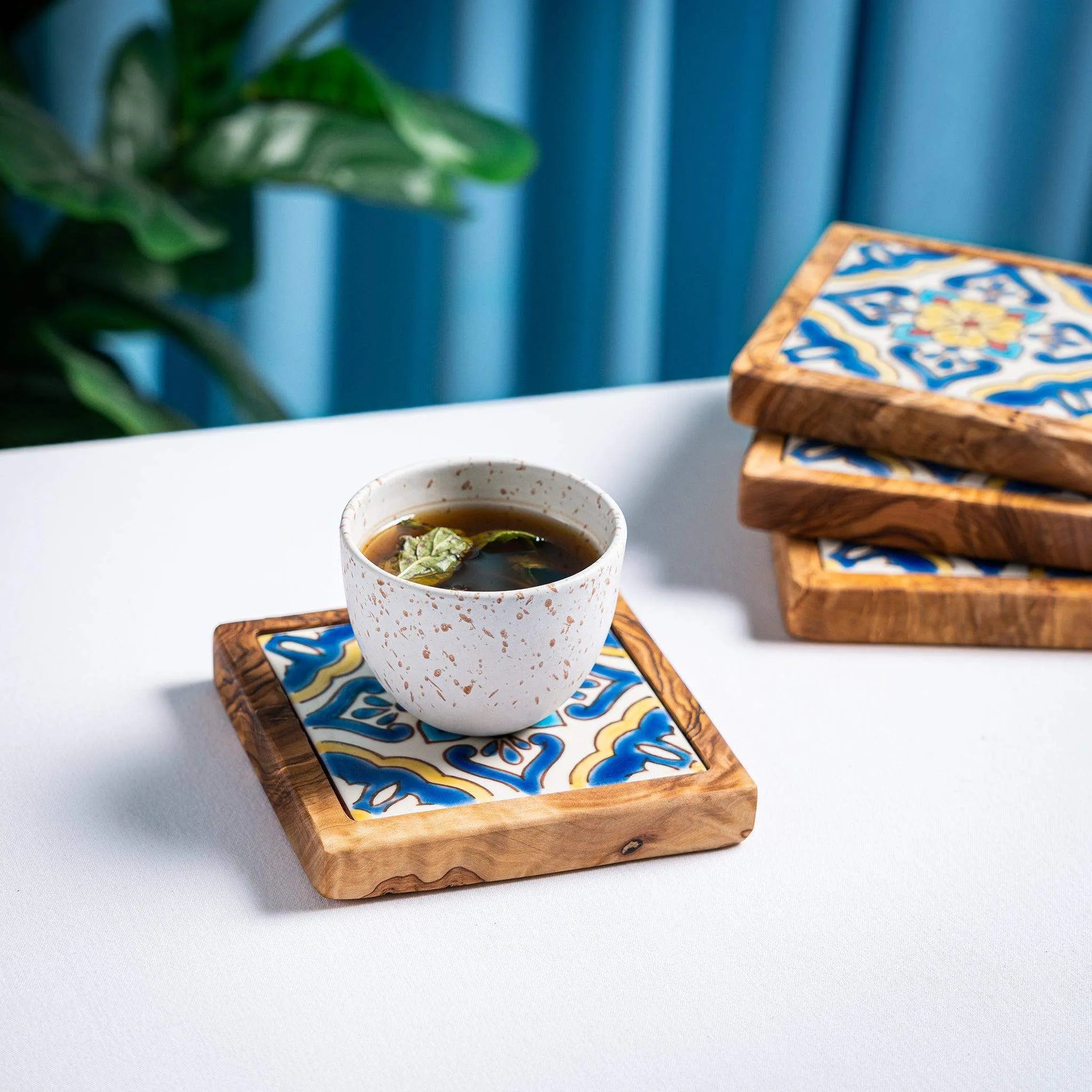 Set of Olive Wood & Ceramic Coasters – Handcrafted Mediterranean Design