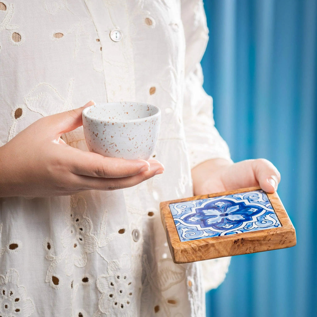 Set of Olive Wood & Ceramic Coasters – Handcrafted Mediterranean Design