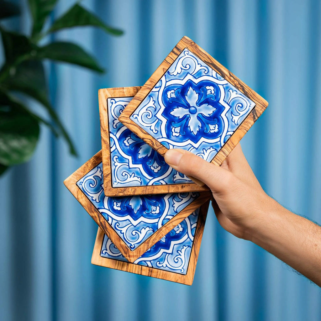 Set of Olive Wood & Ceramic Coasters – Handcrafted Mediterranean Design