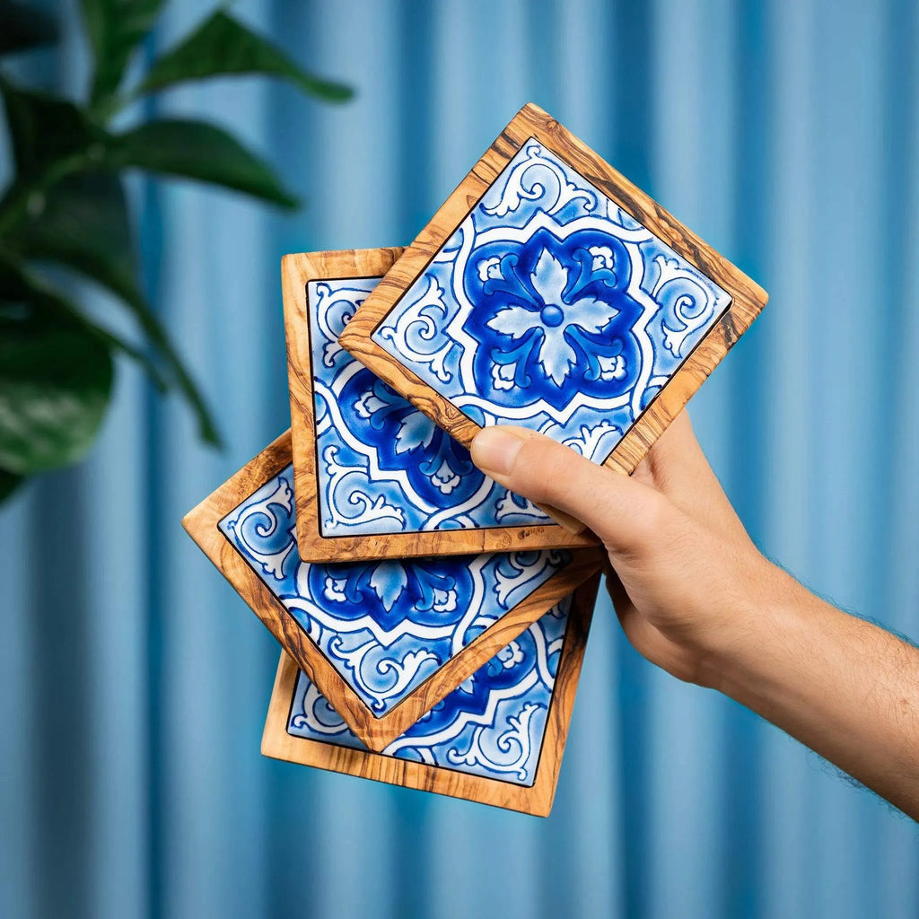 Olive Wood & Ceramic Tray with Matching Coasters – Handcrafted Mediterranean Set