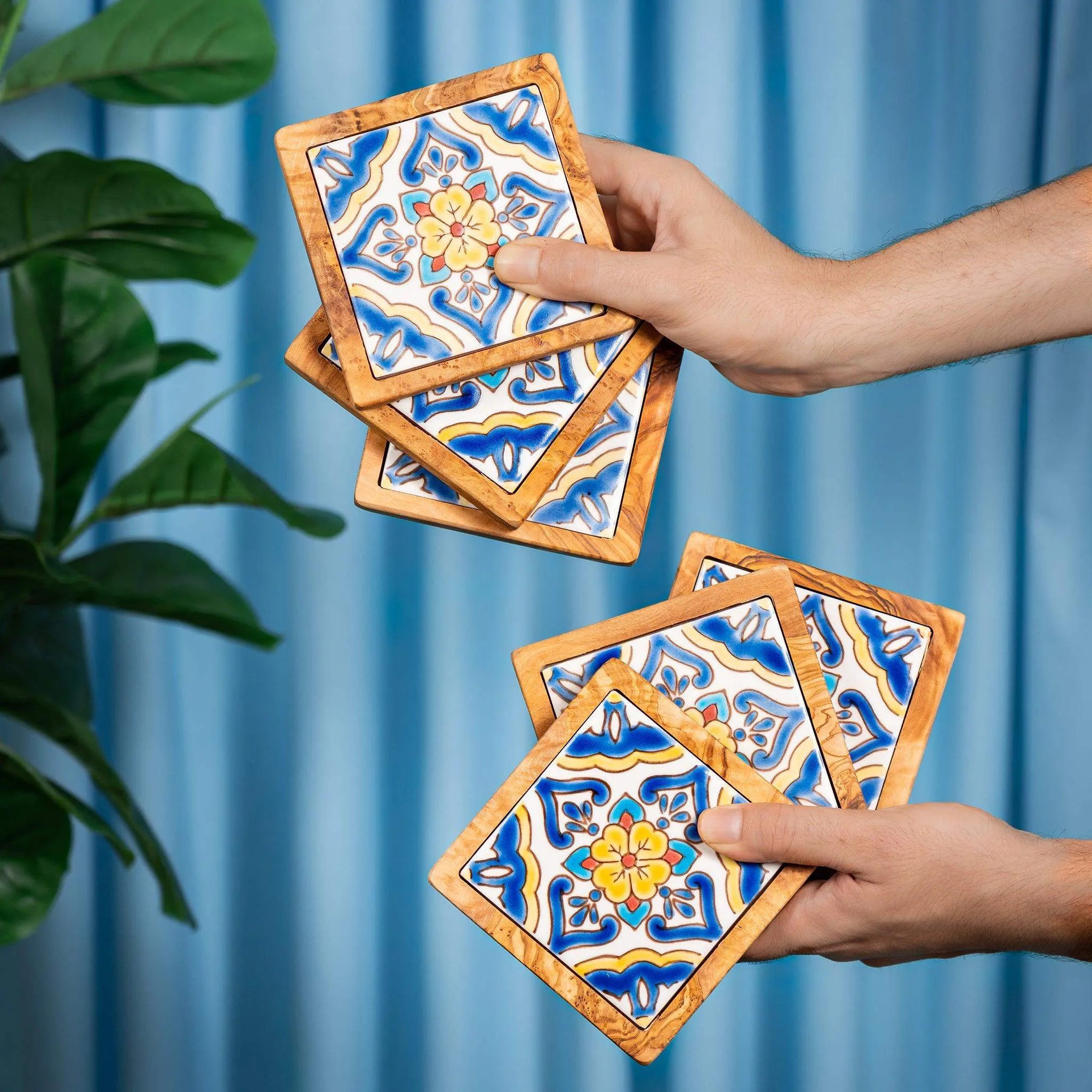 Set of Olive Wood & Ceramic Coasters – Handcrafted Mediterranean Design