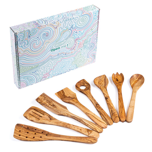 Handmade Olive Wood Utensils Set - 8-Piece Eco-Friendly Olivewood Cooking Tools for Non-Stick Cookware – Durable Kitchen Essentials