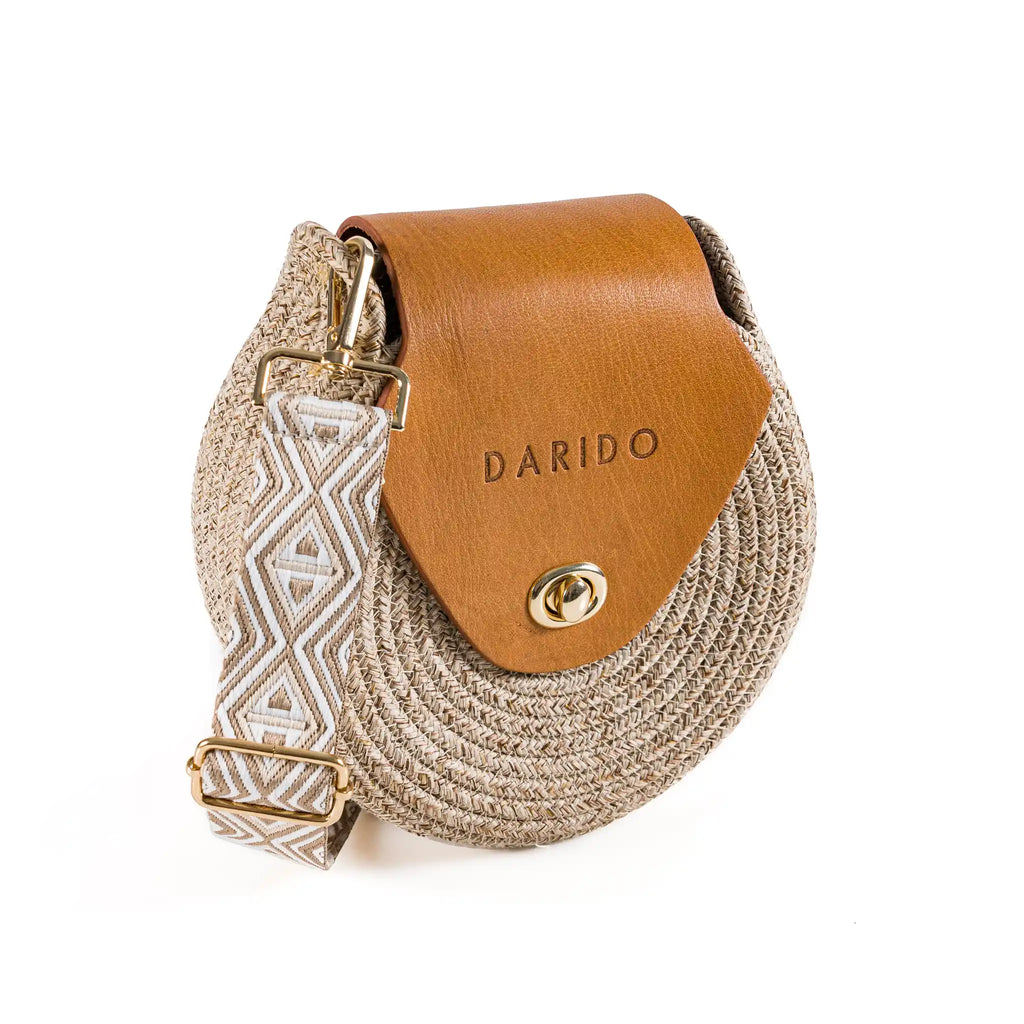 Blana & Amla – Handmade Round Woven Crossbody Bag with Eco-Leather Flap
