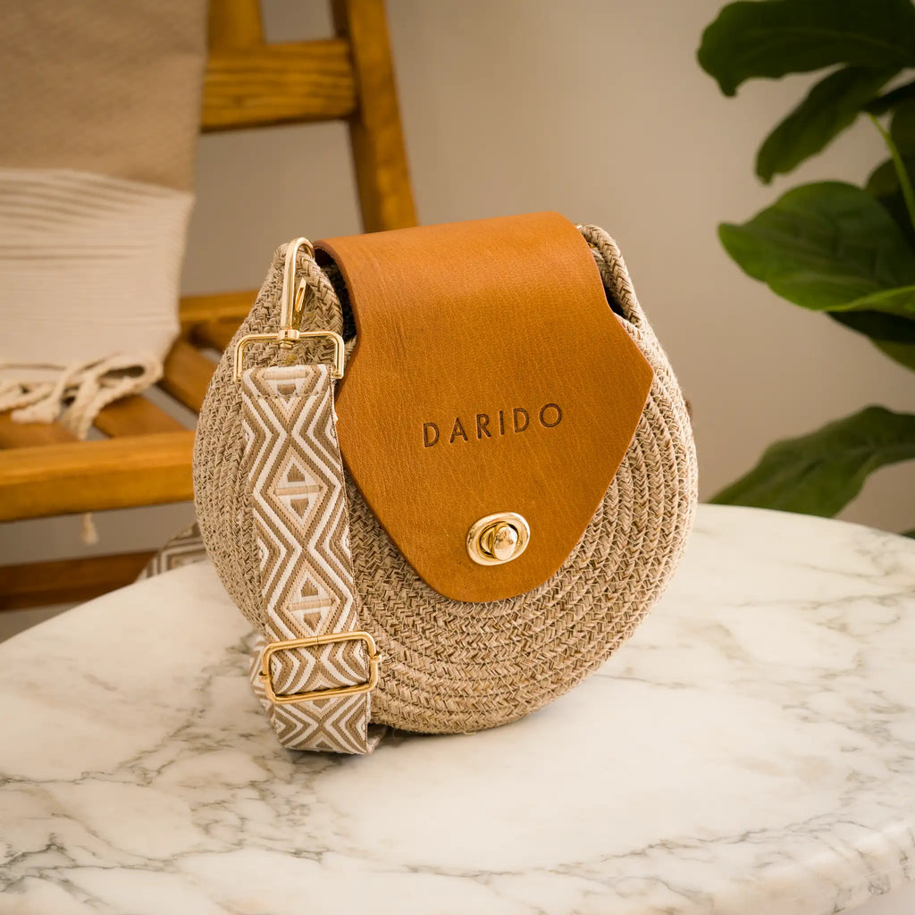 Blana & Amla – Handmade Round Woven Crossbody Bag with Eco-Leather Flap