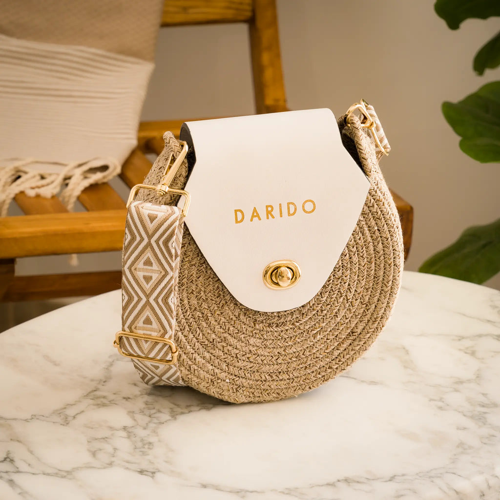 Blana & Amla – Handmade Round Woven Crossbody Bag with Eco-Leather Flap