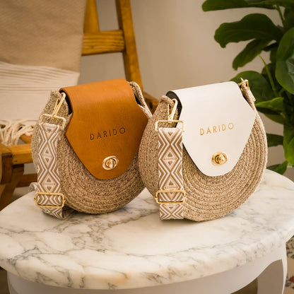 Blana & Amla – Handmade Round Woven Crossbody Bag with Eco-Leather Flap