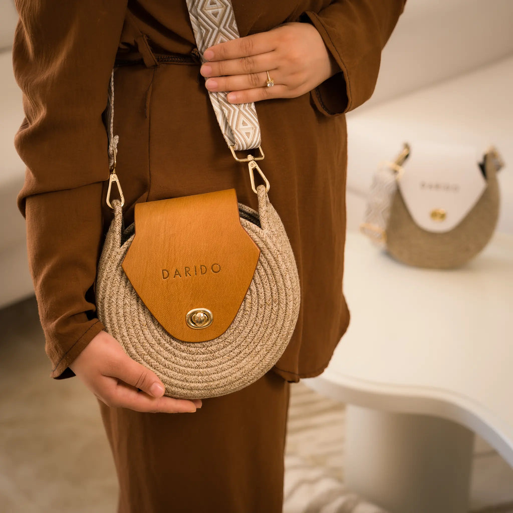 Blana & Amla – Handmade Round Woven Crossbody Bag with Eco-Leather Flap