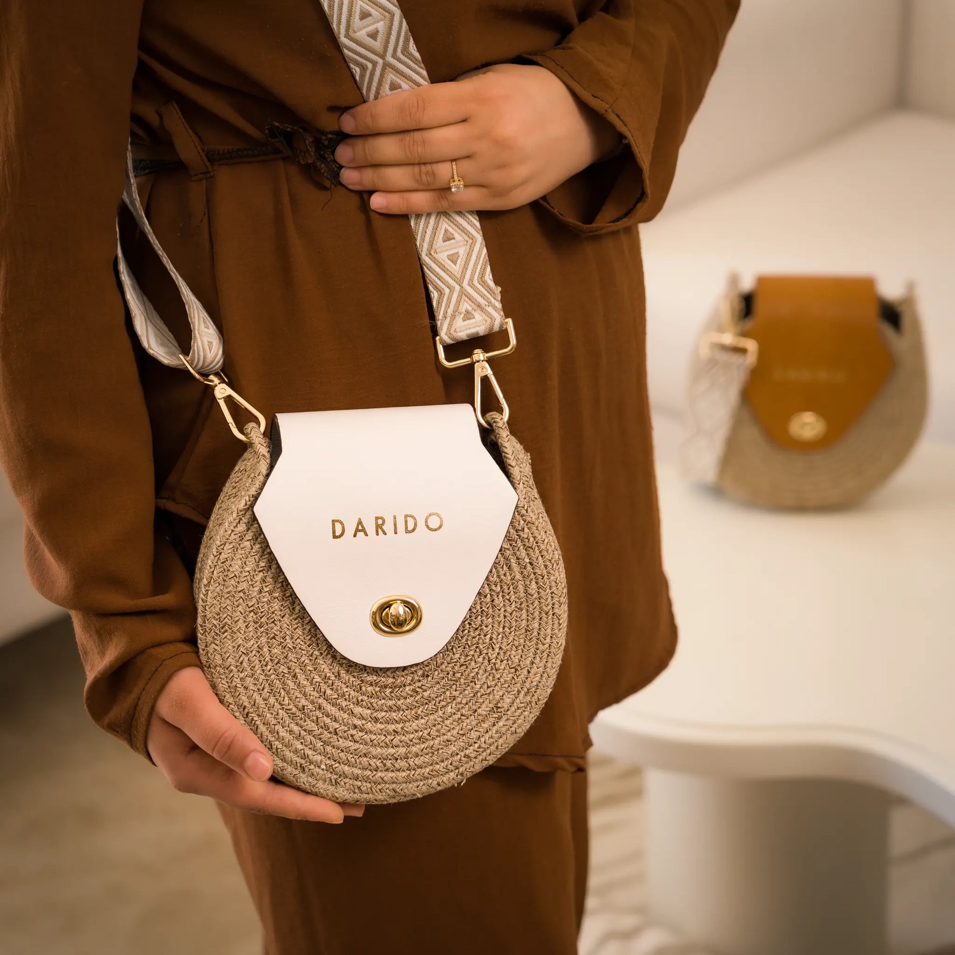 Blana & Amla – Handmade Round Woven Crossbody Bag with Eco-Leather Flap