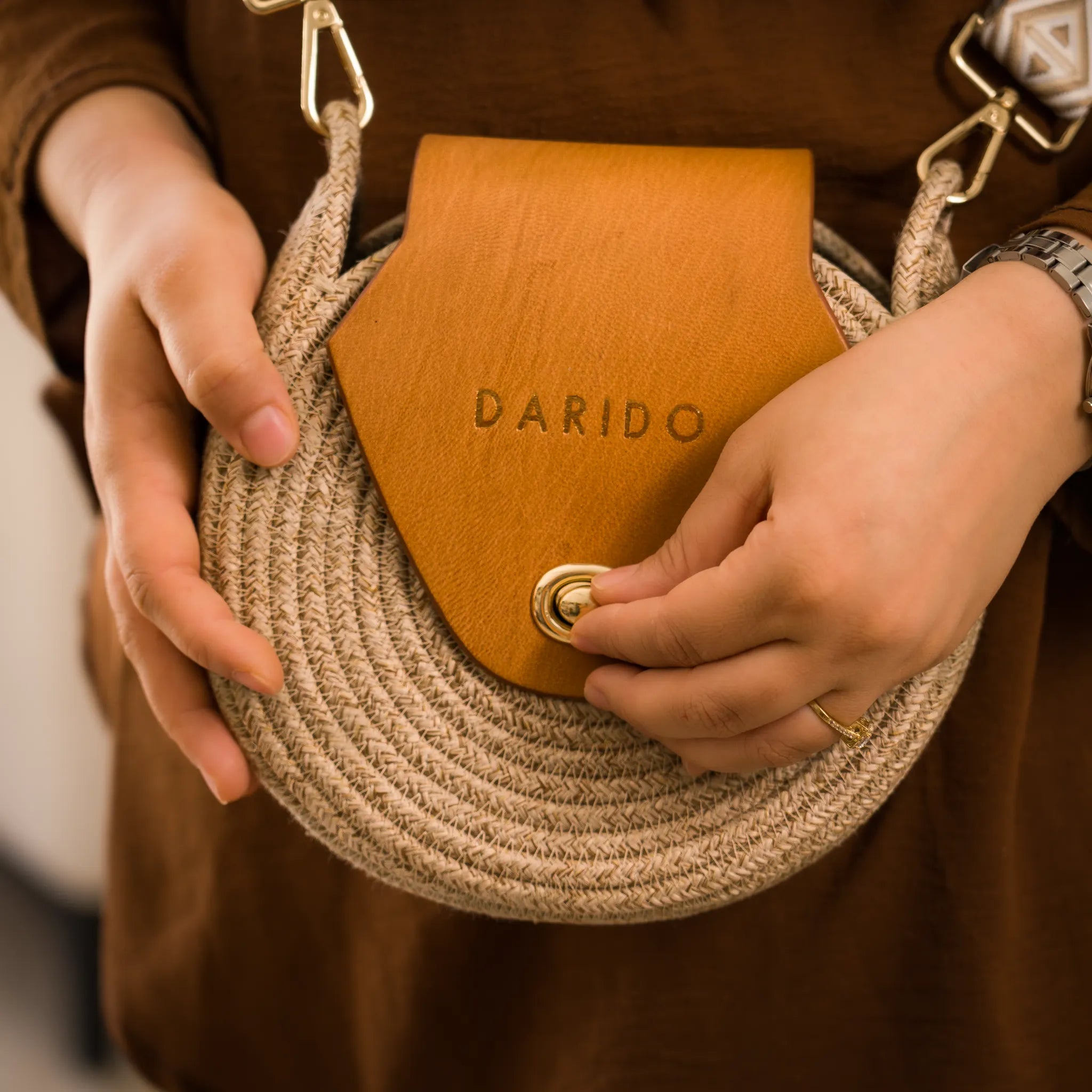 Blana & Amla – Handmade Round Woven Crossbody Bag with Eco-Leather Flap