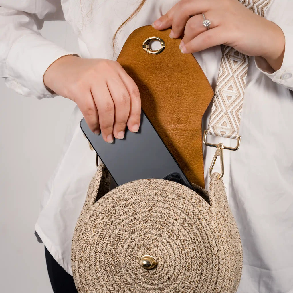Blana & Amla – Handmade Round Woven Crossbody Bag with Eco-Leather Flap