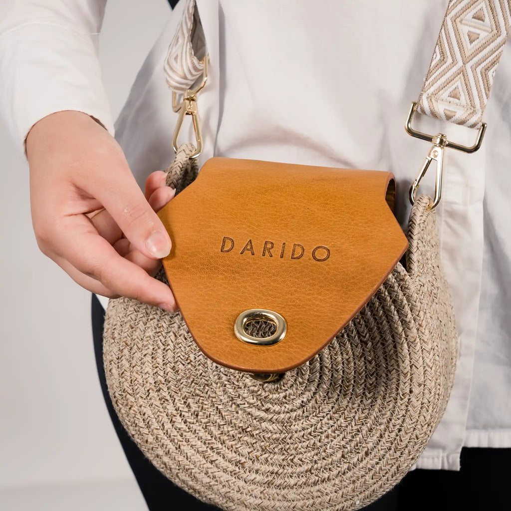 Blana & Amla – Handmade Round Woven Crossbody Bag with Eco-Leather Flap