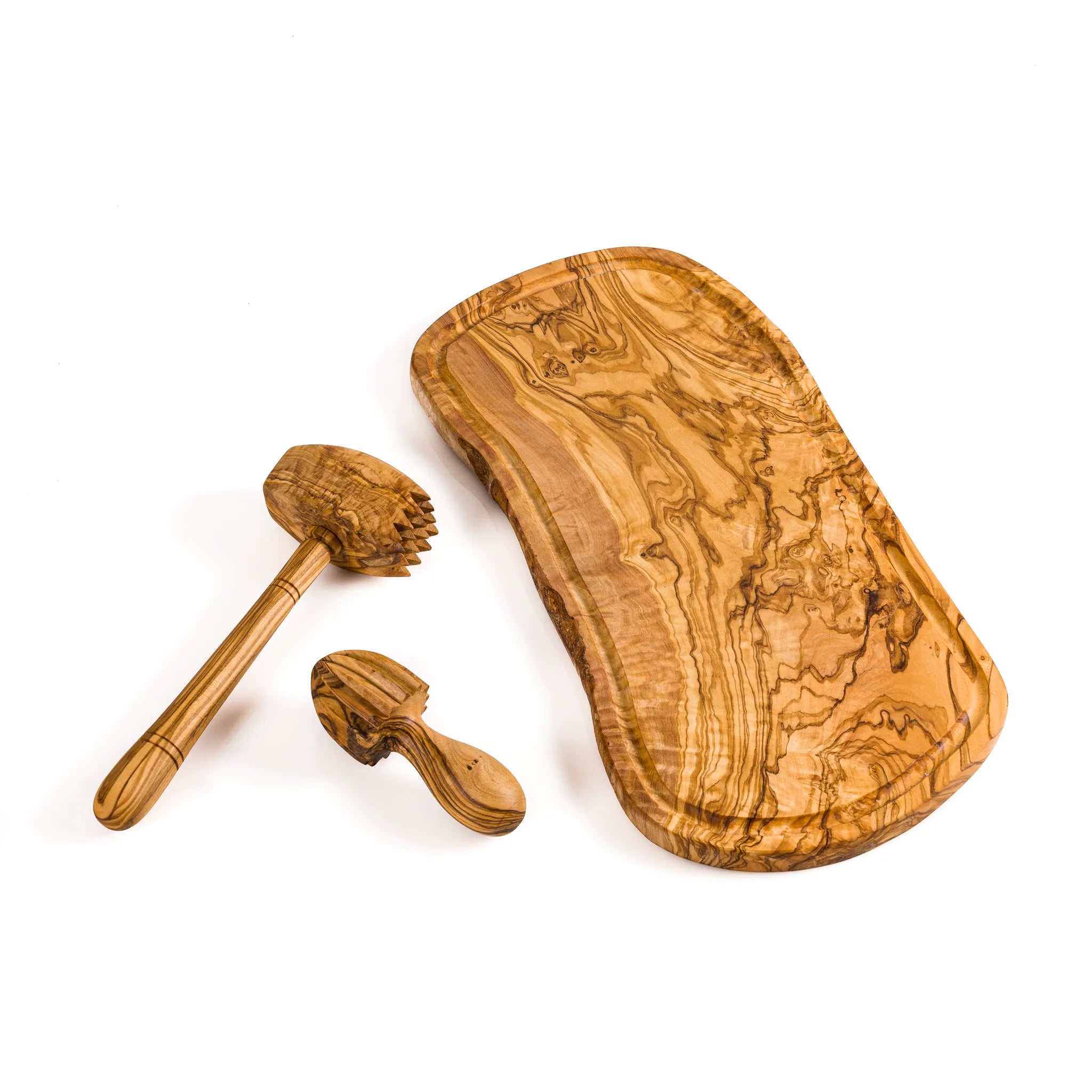 Handmade Olive Wood Barbecue Pack – Cutting Board, Lemon Press & Meat Tenderizer
