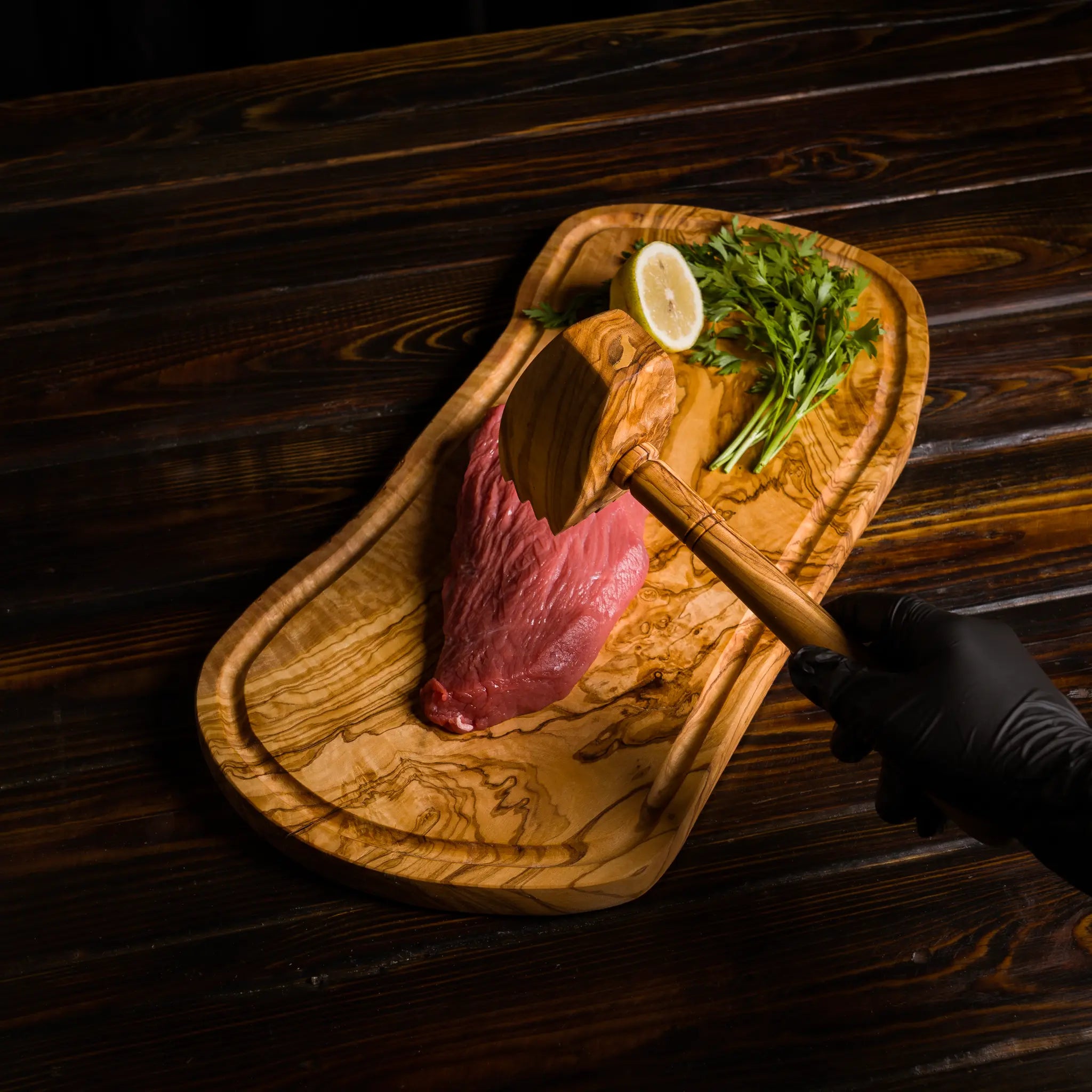 Handmade Olive Wood Barbecue Pack – Cutting Board, Lemon Press & Meat Tenderizer