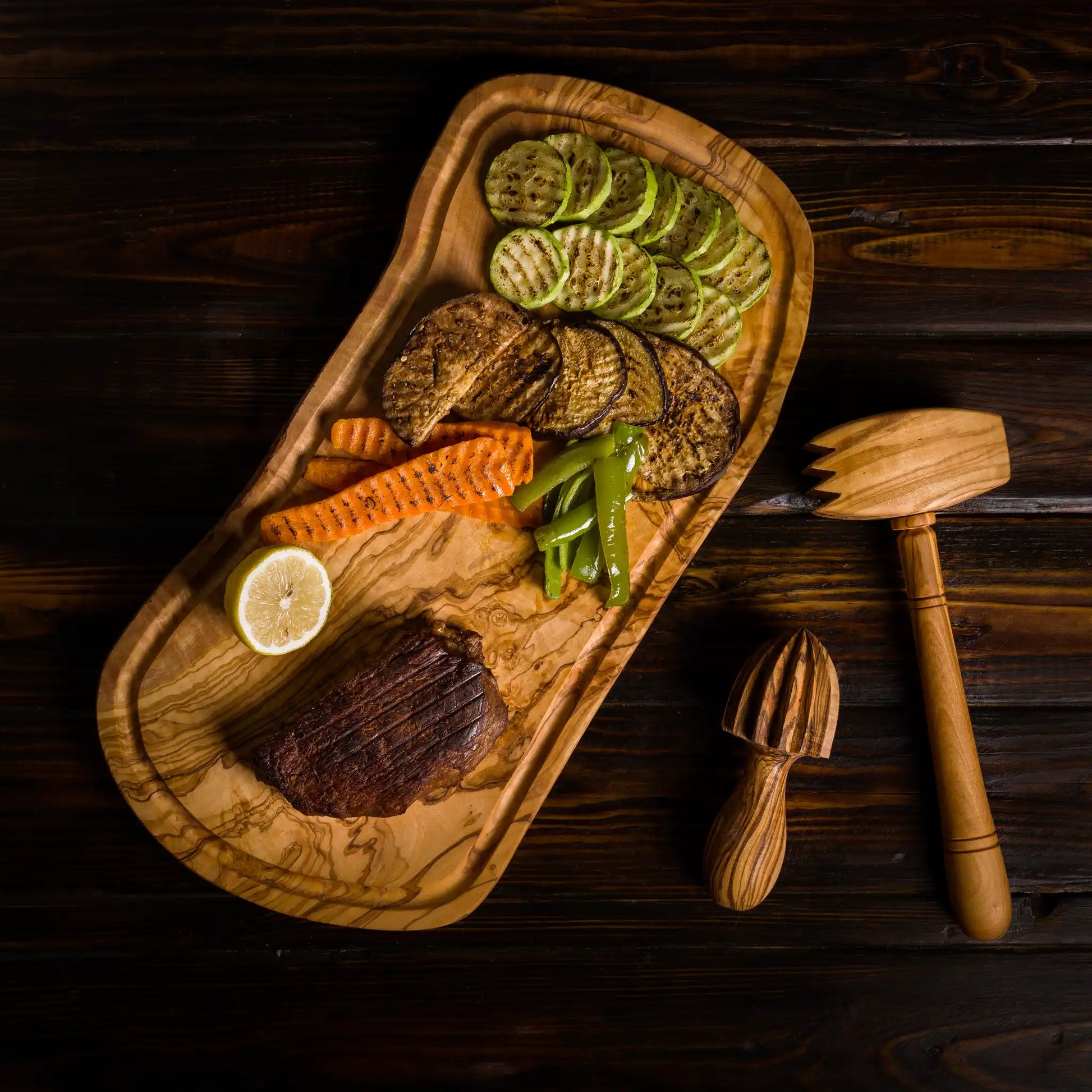 Handmade Olive Wood Barbecue Pack – Cutting Board, Lemon Press & Meat Tenderizer