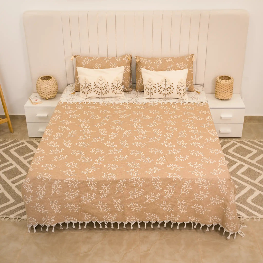 Sakura Cotton Bedding Set with 4 Pillowcases – Camel, Beige & Greige