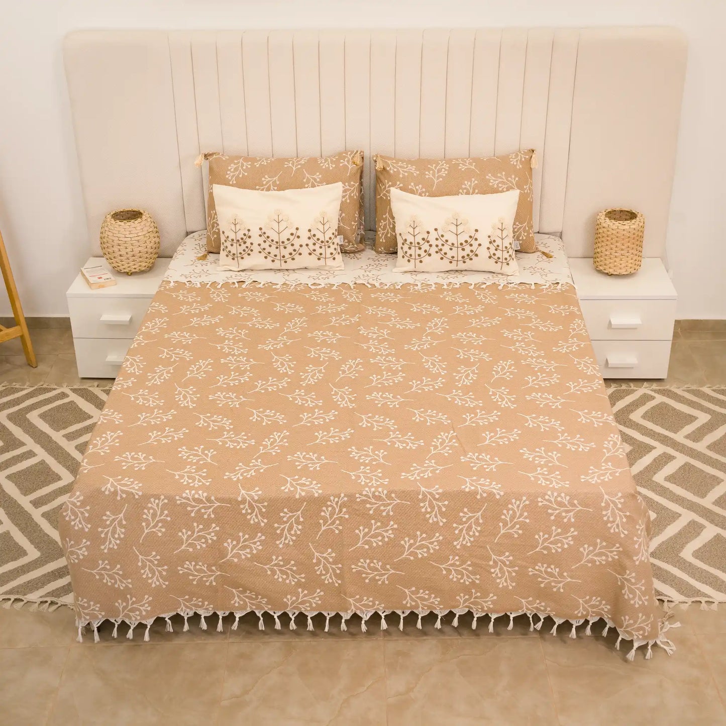 Sakura Cotton Bedding Set with 4 Pillowcases – Camel, Beige & Greige