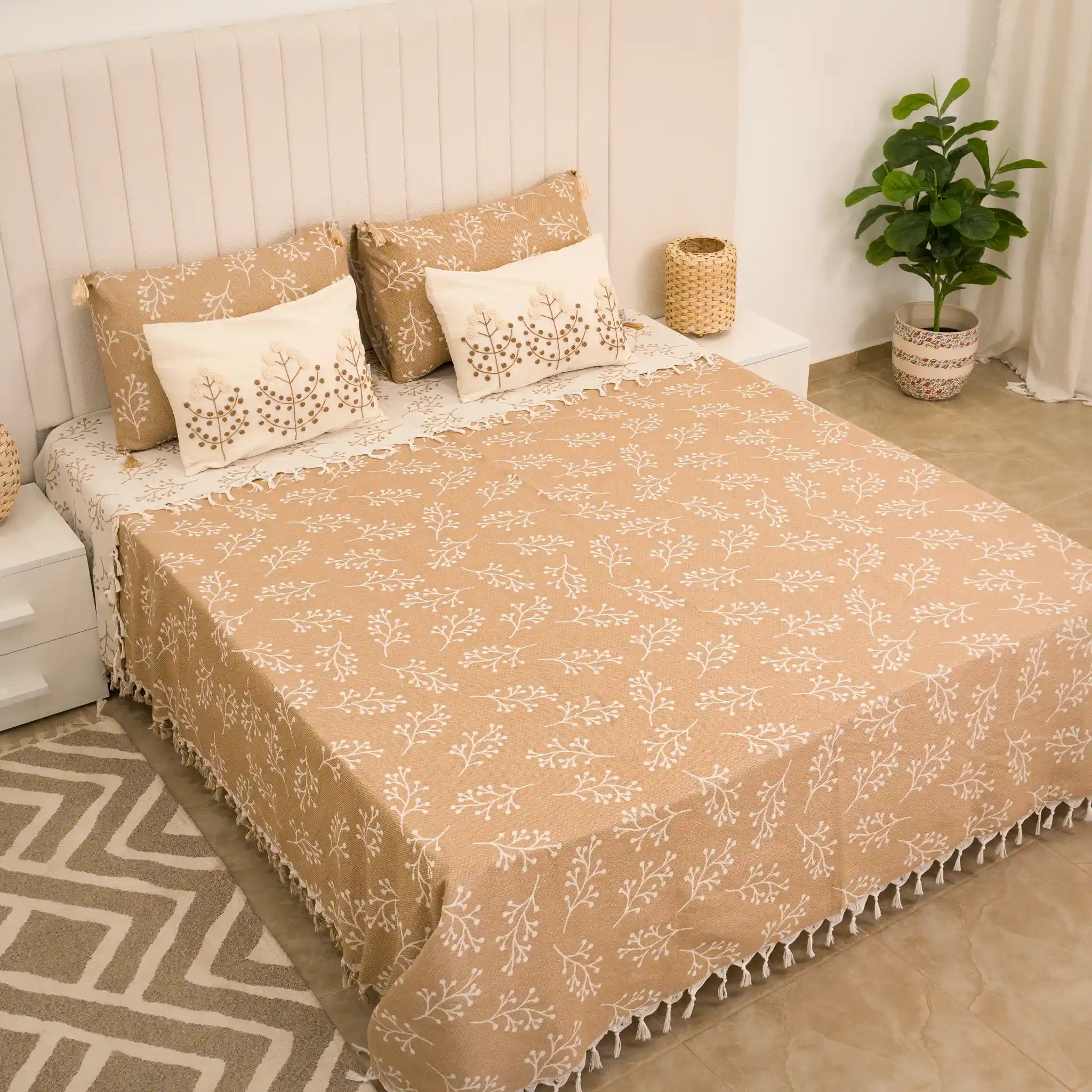 Sakura Cotton Bedding Set with 4 Pillowcases – Camel, Beige & Greige