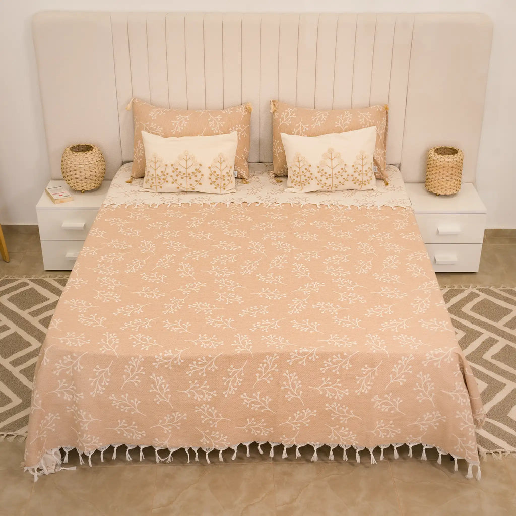 Sakura Cotton Bedding Set with 4 Pillowcases – Camel, Beige & Greige