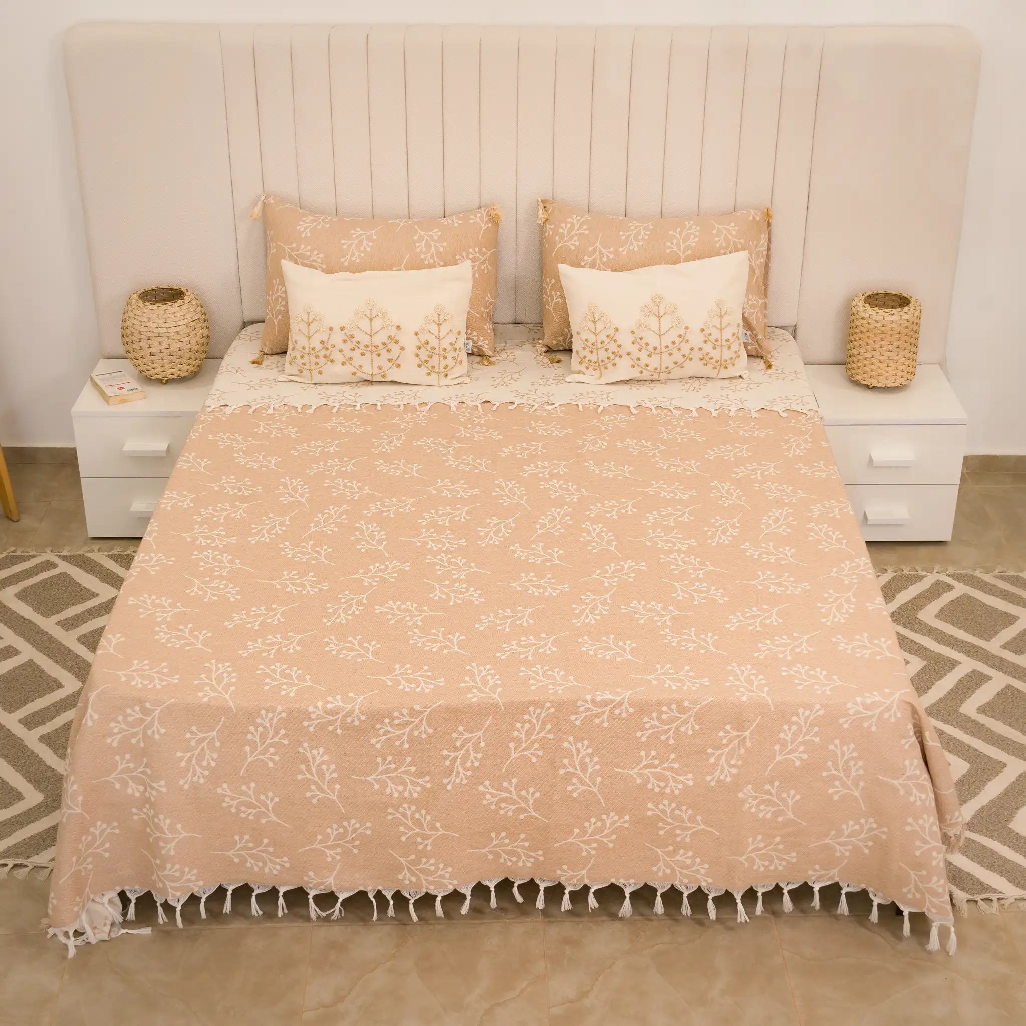 Sakura Cotton Bedding Set with 4 Pillowcases – Camel, Beige & Greige