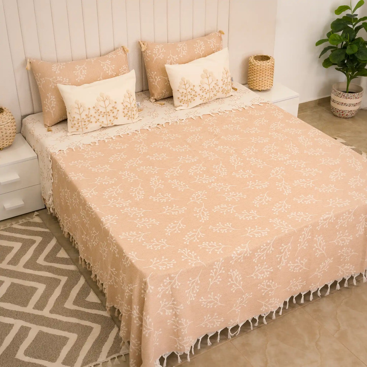 Sakura Cotton Bedding Set with 4 Pillowcases – Camel, Beige & Greige