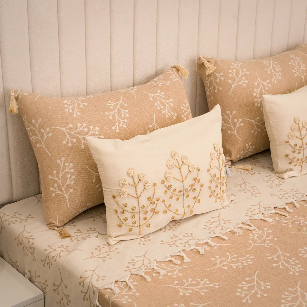 Sakura Cotton Bedding Set with 4 Pillowcases – Camel, Beige & Greige