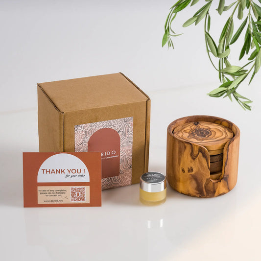 Darido Handmade Olive Wood Coaster Set with Holder – 6 Rustic Coasters