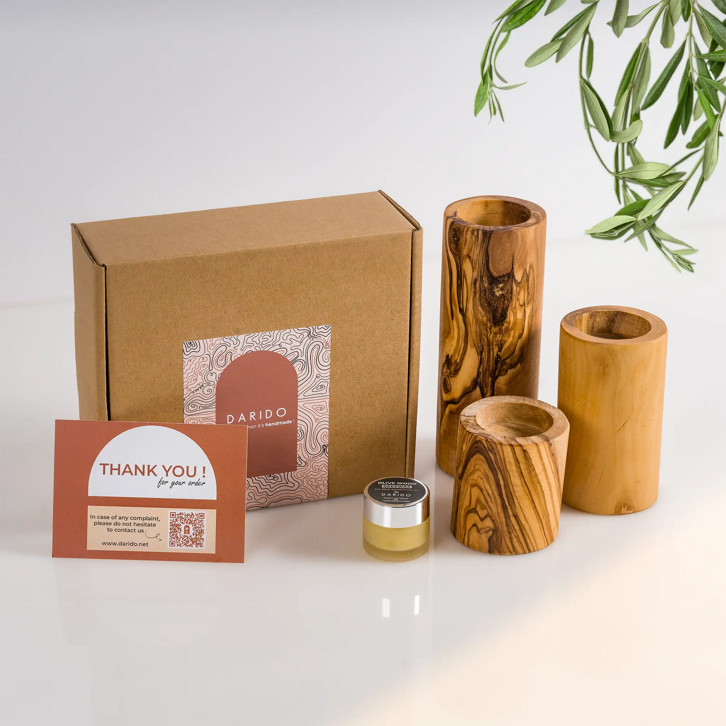 Handmade Olive Wood Candle Holders – Set of 3 Cylindrical Rustic Tealight Holders