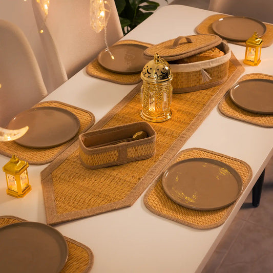Sahara table set with matching runner and serving baskets