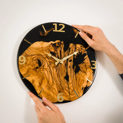 Handcrafted Olive Wood Wall Clock with Premium Epoxy Resin - Unique 13.4" Silent Artisan Wood Wall Decor for Modern & Rustic Homes